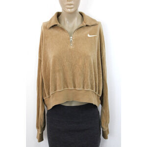 Nike Women's Size L Velour Tan Corduroy 1/4 Zip Pullover Collard Top Pull-Over